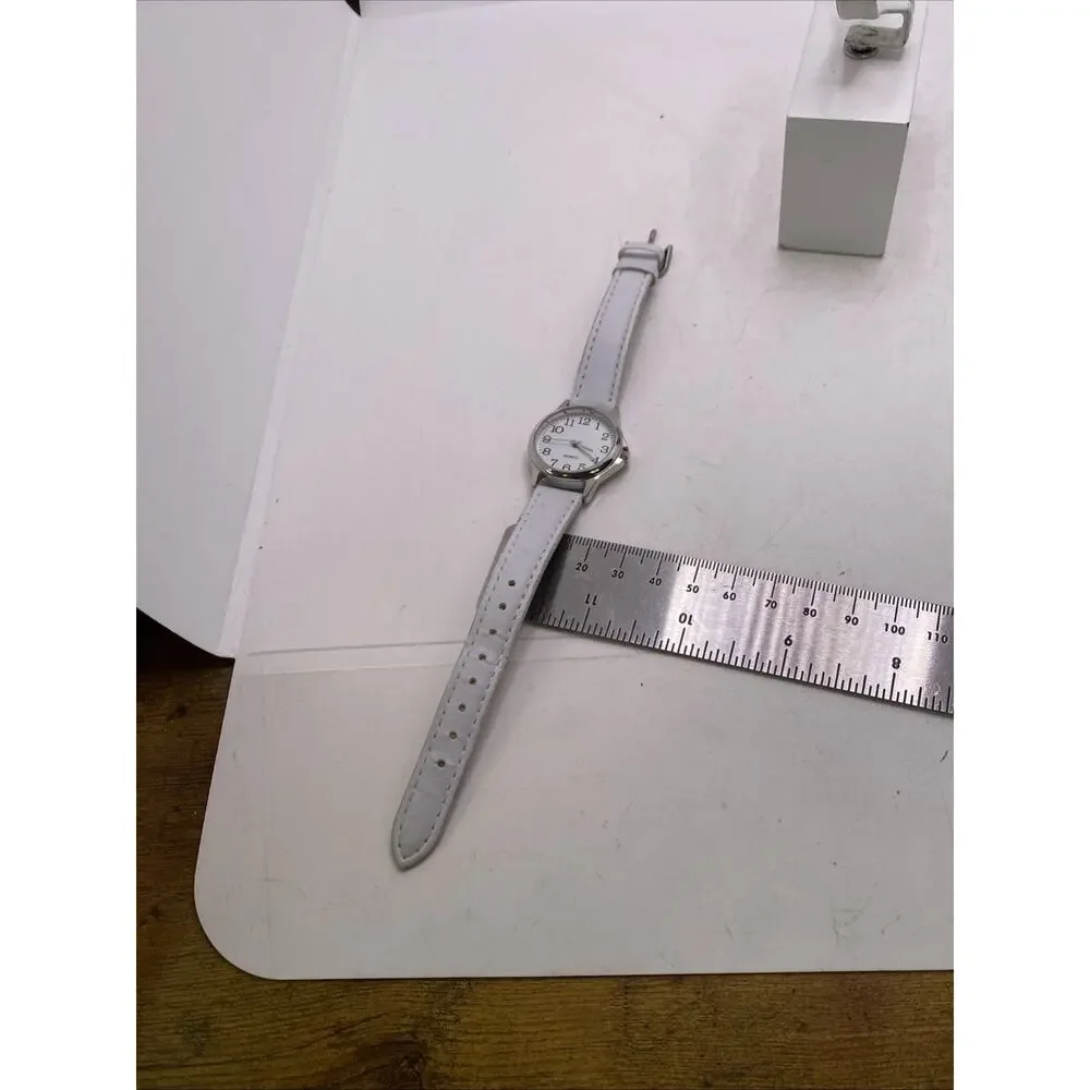 Accutime Womens White Leather Watch Works New Battery
